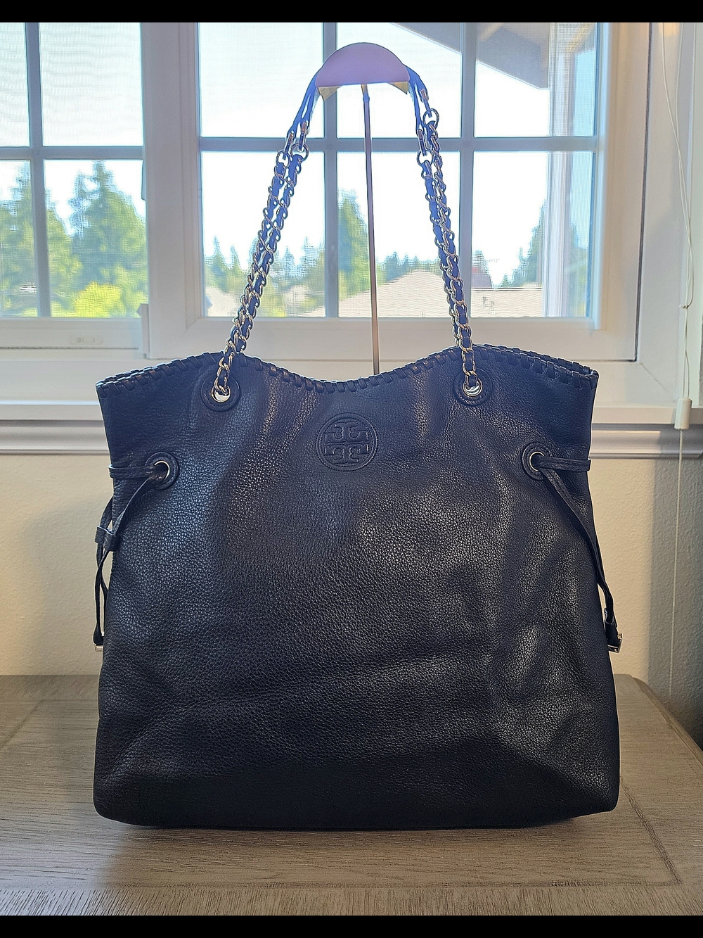 Tory Burch Marion Slouchy Black Pebbled Leather Chain-Handle Tote